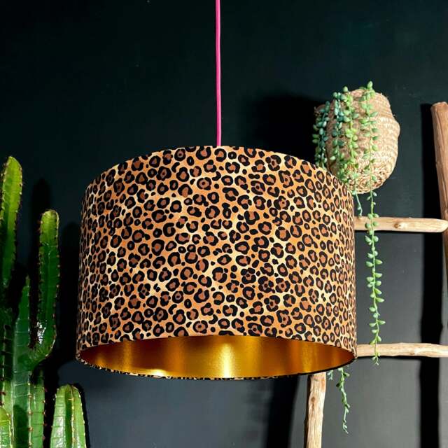 "Rackhams Wild Leopard Print Lampshade With Gold Lining - Ceiling Pendant / Arc Lamp - 30cm Diameter x 30cm Height / (12"" x 12"")" - image 1