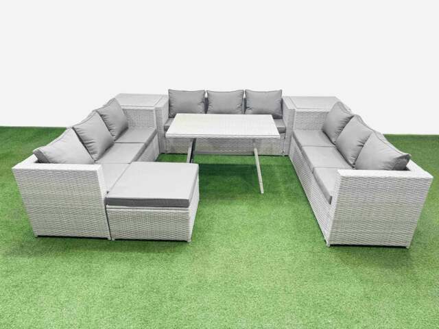 Rackhams 10 Seat Outdoor Patio PE Rattan Garden Furniture with Cushions 3 Seater Sofa 2 Side Tables Big Stool Light Grey - image 1