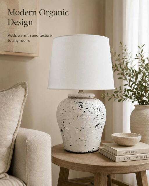 Rackhams White Distressed Ceramic Table Lamp with Plain Shade (G2124 Plain) - White - image 1