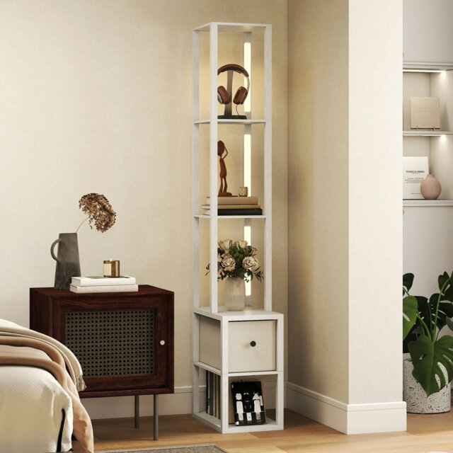 Rackhams Floor Lamp with Shelves, LED Standing Lamp with Fabric Drawer, Oak - White - image 1