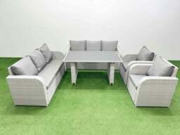 Rackhams 8 Seater Wicker PE Rattan Furniture Outdoor Dining Table 3 Seater Sofa Reclining Chair Set Light Grey - thumbnail 1