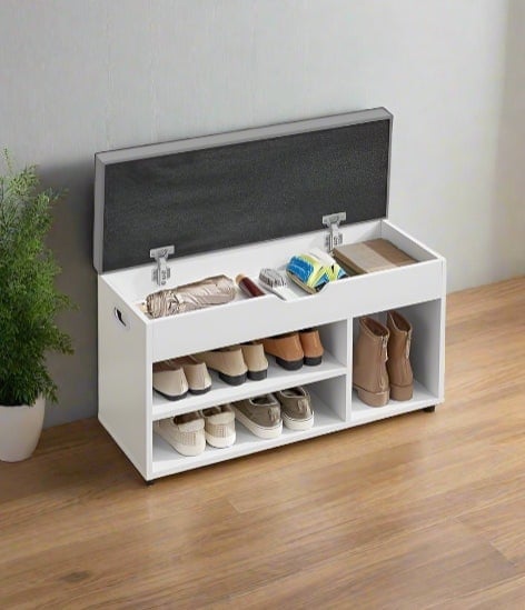 Rackhams White Shoe Storage Bench with Cushion, Hidden Compartment & 3 Shelves, 150kg Capacity - image 1