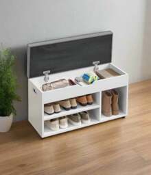 Rackhams White Shoe Storage Bench with Cushion, Hidden Compartment & 3 Shelves, 150kg Capacity