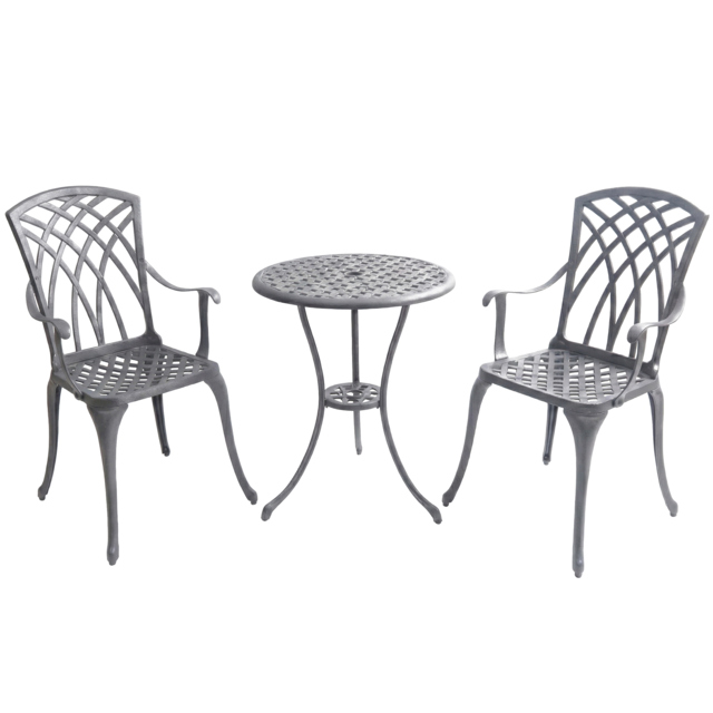 Rackhams OSHOWA Luxurious Garden and Patio Table and 2 Large Chairs with Armrests Cast Aluminium Bistro Set Grey - image 1