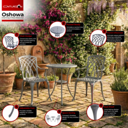 Rackhams OSHOWA Luxurious Garden and Patio Table and 2 Large Chairs with Armrests Cast Aluminium Bistro Set Grey - thumbnail 4