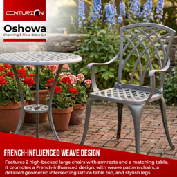 Rackhams OSHOWA Luxurious Garden and Patio Table and 2 Large Chairs with Armrests Cast Aluminium Bistro Set Grey - thumbnail 2