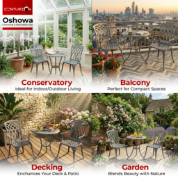 Rackhams OSHOWA Luxurious Garden and Patio Table and 2 Large Chairs with Armrests Cast Aluminium Bistro Set Grey - thumbnail 3