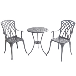 Rackhams OSHOWA Luxurious Garden and Patio Table and 2 Large Chairs with Armrests Cast Aluminium Bistro Set Grey - thumbnail 1