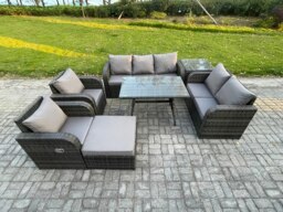 Rackhams 8 Seater High Back PE Rattan Outdoor Dining Set - Reclining Chair, 3-Seater Sofa, Loveseat & Side Table - thumbnail 2
