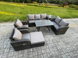 Rackhams 8 Seater High Back PE Rattan Outdoor Dining Set - Reclining Chair, 3-Seater Sofa, Loveseat & Side Table - thumbnail 1