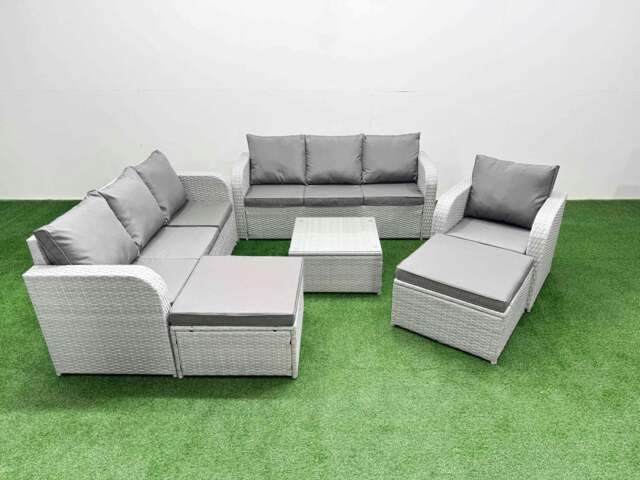 Rackhams 9 Seater Rattan Outdoor Garden Furniture Square Coffee Table Sofa Set 3 Seater Sofa Reclining Chair 3 Seater Sofa 2 Big Footstools Light Grey - image 1