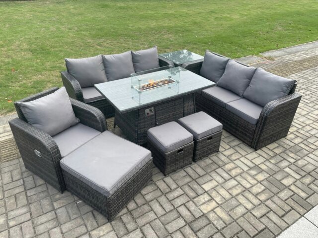 Rackhams Rattan Outdoor Garden Furniture Set with Gas Fire Pit Dining Table, Reclining Chair, 2 Sofas, Side Table, 3 Footstools - 10 Seater - Dark Grey - image 1