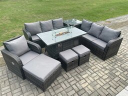 Rackhams Rattan Outdoor Garden Furniture Set with Gas Fire Pit Dining Table, Reclining Chair, 2 Sofas, Side Table, 3 Footstools - 10 Seater - Dark Grey - thumbnail 2