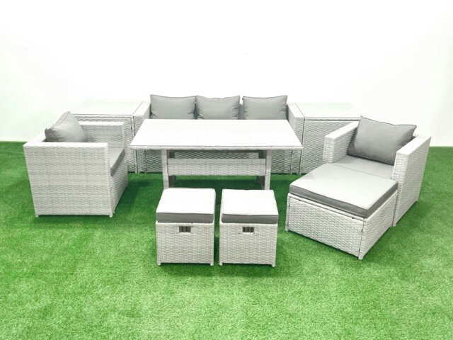 Rackhams Garden Dining Set Outdoor Rattan Furniture Set with Sofa Dining Table 2 Chairs 3 Footstools 2 Side Tables Light Grey Mixed - image 1