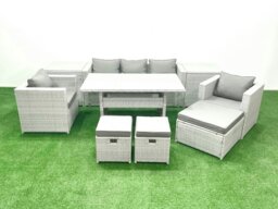 Rackhams Garden Dining Set Outdoor Rattan Furniture Set with Sofa Dining Table 2 Chairs 3 Footstools 2 Side Tables Light Grey Mixed - thumbnail 1