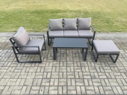 Rackhams Aluminium Outdoor Garden Furniture Set Patio Lounge Sofa with Oblong Coffee Table Big Footstool Armchair Dark Grey - thumbnail 1