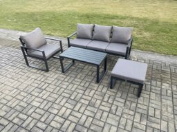 Rackhams Aluminium Outdoor Garden Furniture Set Patio Lounge Sofa with Oblong Coffee Table Big Footstool Armchair Dark Grey - thumbnail 2