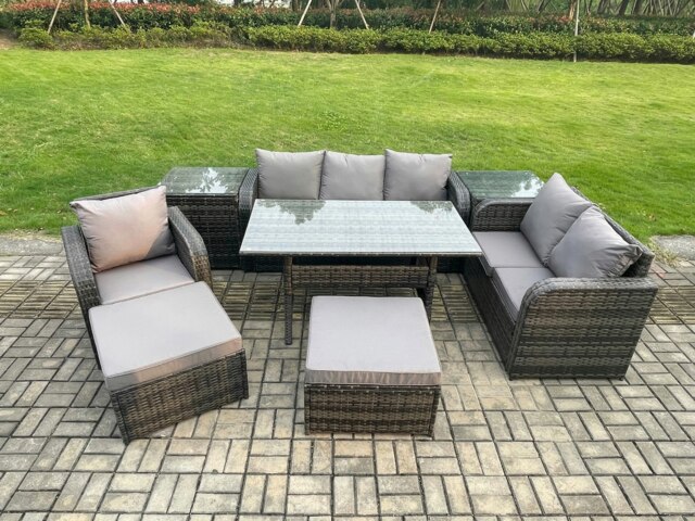 Rackhams 8 Piece Rattan Garden Furniture Set with Patio Sofa Rectangular Dining Table 2 Side Tables 2 Big Footstool Indoor Conservatory Patio Set - image 1