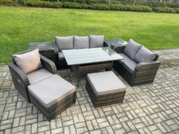 Rackhams 8 Piece Rattan Garden Furniture Set with Patio Sofa Rectangular Dining Table 2 Side Tables 2 Big Footstool Indoor Conservatory Patio Set - thumbnail 2