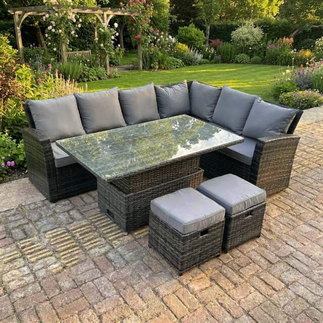 Rackhams 8 Seater High Back Rattan Garden Furniture Set with Adjustable Table, Right Corner Sofa & 2 Footstools - Dark Grey - image 1