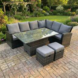 Rackhams 8 Seater High Back Rattan Garden Furniture Set with Adjustable Table, Right Corner Sofa & 2 Footstools - Dark Grey - thumbnail 1