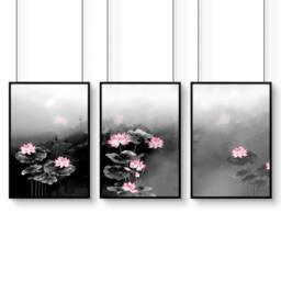 Rackhams Living Room Canvas Art - Set of 3 Asian Inspired Wall art Prints - 20 x 30 in / 50 x 76 cm - Satin Photo paper 280 gsm - Black Frame - thumbnail 1