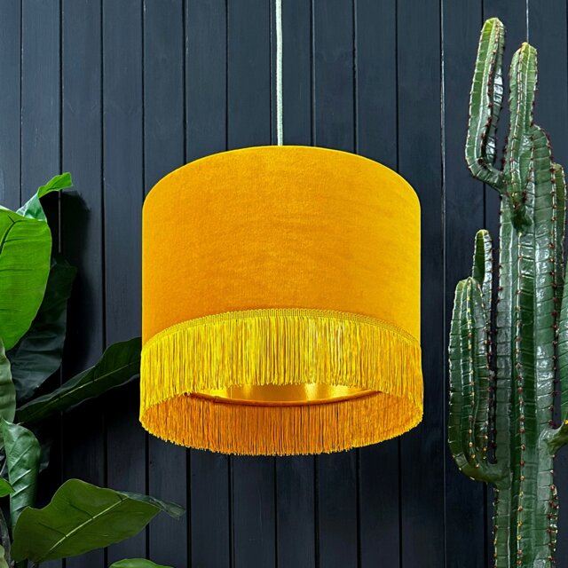 "Rackhams Butterscotch Velvet Lampshade With Gold Foil Lining and Fringing - Ceiling Pendant / Arc Lamp - 60cm Diameter x 20cm Height / (24"" x 8"")" - image 1