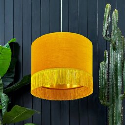 "Rackhams Butterscotch Velvet Lampshade With Gold Foil Lining and Fringing - Ceiling Pendant / Arc Lamp - 60cm Diameter x 20cm Height / (24"" x 8"")" - thumbnail 1