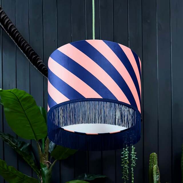 "Rackhams Peach Fuzz Helter Skelter Velvet Lampshades With Fringing - Ceiling Pendant / Arc Lamp - 70cm diameter x 25cm height / 27"" x 10""" - image 1