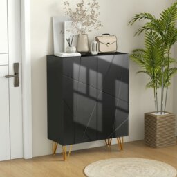 Rackhams Shoe Storage Cabinet with Soft-Close Hinges and Adjust Shelves, Black - High Gloss Black