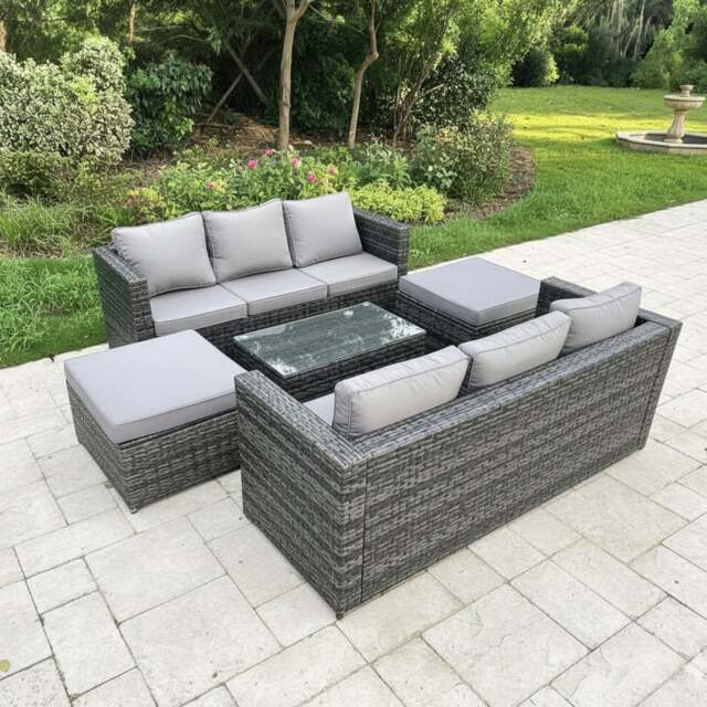 Rackhams 8 Seater Rattan Garden Furniture Set with 2 Sofas, Coffee Table & 2 Large Footstools - Dark Grey - image 1