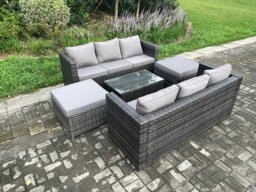 Rackhams 8 Seater Rattan Garden Furniture Set with 2 Sofas, Coffee Table & 2 Large Footstools - Dark Grey - thumbnail 2