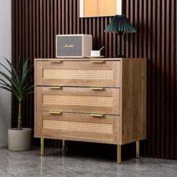 Rackhams MMT Natural Chest with Rattan Fronts, 3 Storage Drawers - Brown - Wood - 40cm(d)76cm(h)71cm(w) - thumbnail 3