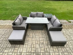 Rackhams Rattan Garden Outdoor Furniture 3 PC Love Sofa Set Patio Adjustable Rising lifting Dining Table With Side Table 2 Big Footstool - thumbnail 1