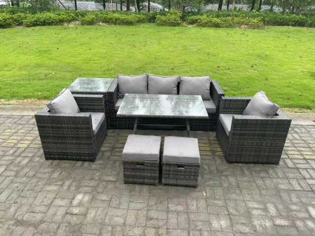 Rackhams 7 Seater Rattan Outdoor Furniture Garden Dining Set with Lounge Sofa Dining Table 2 Armchairs Small Stools Dark Grey Mixed - image 1
