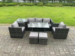 Rackhams 7 Seater Rattan Outdoor Furniture Garden Dining Set with Lounge Sofa Dining Table 2 Armchairs Small Stools Dark Grey Mixed - thumbnail 1