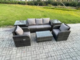 Rackhams Outdoor Rattan Garden Furniture Set Patio Lounge Sofa Set with Reclining Chair Rectangular Coffee Table 2 Side Tables Dark Grey Mixed - thumbnail 2