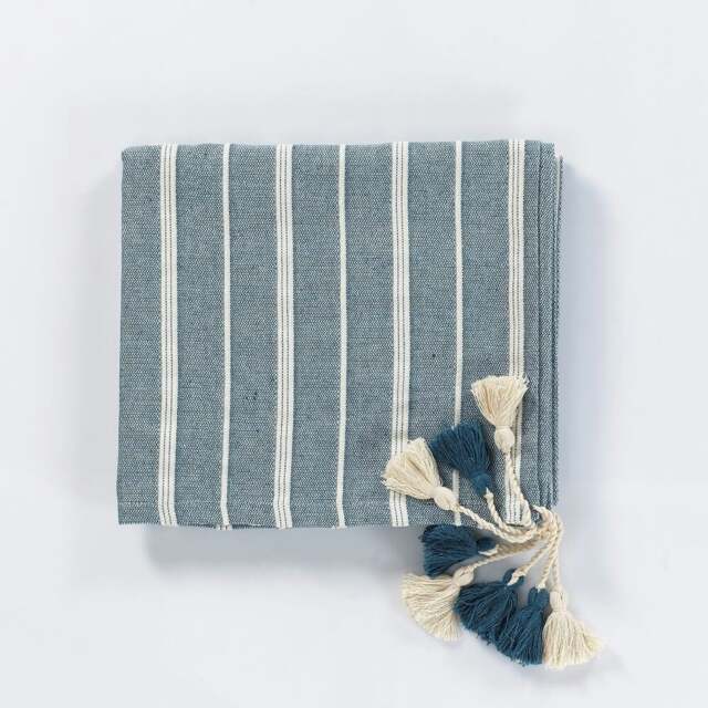 Rackhams Tessa Cotton Tasselled Throw Blanket - Teal with Natural Stripes - image 1