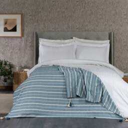 Rackhams Tessa Cotton Tasselled Throw Blanket - Teal with Natural Stripes - thumbnail 4