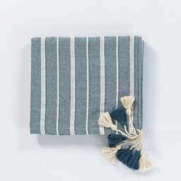 Rackhams Tessa Cotton Tasselled Throw Blanket - Teal with Natural Stripes - thumbnail 1