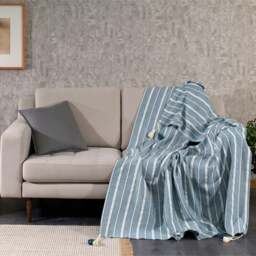 Rackhams Tessa Cotton Tasselled Throw Blanket - Teal with Natural Stripes - thumbnail 6