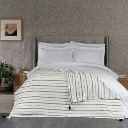 Rackhams Tessa Cotton Tasselled Throw Blanket - Teal with Natural Stripes - thumbnail 2