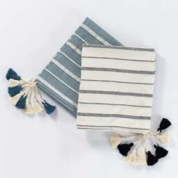 Rackhams Tessa Cotton Tasselled Throw Blanket - Teal with Natural Stripes - thumbnail 3