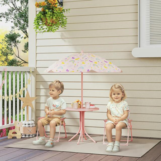 Rackhams Kids Garden Table and Chair Set, Outdoor Patio Set w/ Parasol, Pink - image 1