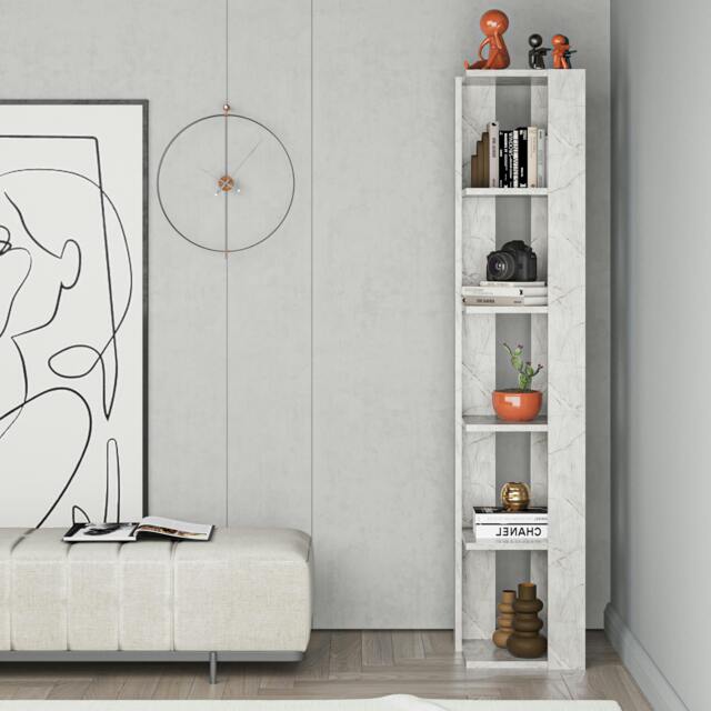 Rackhams Nati Tall Corner Bookcase Modern Shelving Unit Space-Saving Storage 161cm - Gold Marble Effect - image 1