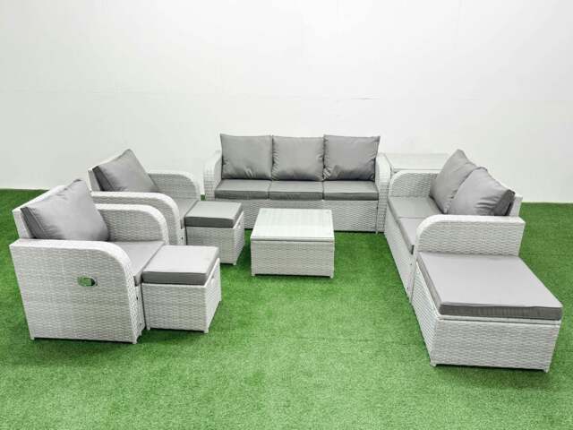 Rackhams Rattan Garden Furniture Set Adjustable Chair Sofa Double Love Seat 2 Seater Sofa Square Coffee Table 3 Stools Side Table Light Grey - image 1