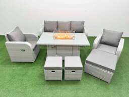 Rackhams PE Rattan Garden Furniture Set Reclining Chair Sofa Lounge Sofa Set Fire Pit Dining Table 3 Stools Light Grey - thumbnail 1