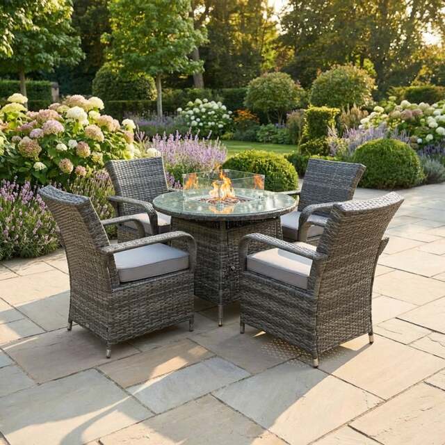 Rackhams Rattan Garden Furniture Gas Fire Pit Round Dining Table Gas Heater And Dining Chairs 4 Seater - image 1