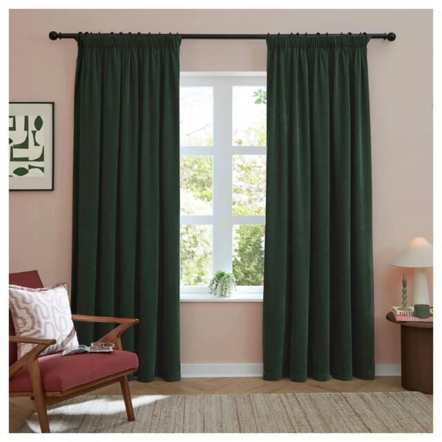 Rackhams Chenille Lined Pencil Pleat Curtains - Bottle - 137cm x 117cm - Bottle - 100% Polyester - image 1