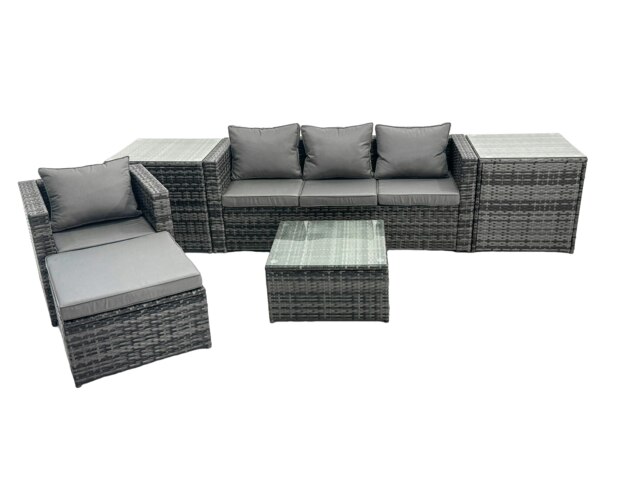 Rackhams Outdoor Rattan Garden Furniture Set 5 Seater Patio Lounge Sofa Set with Armchair Square Coffee Table Big Footstool Dark Grey Mixed - image 1